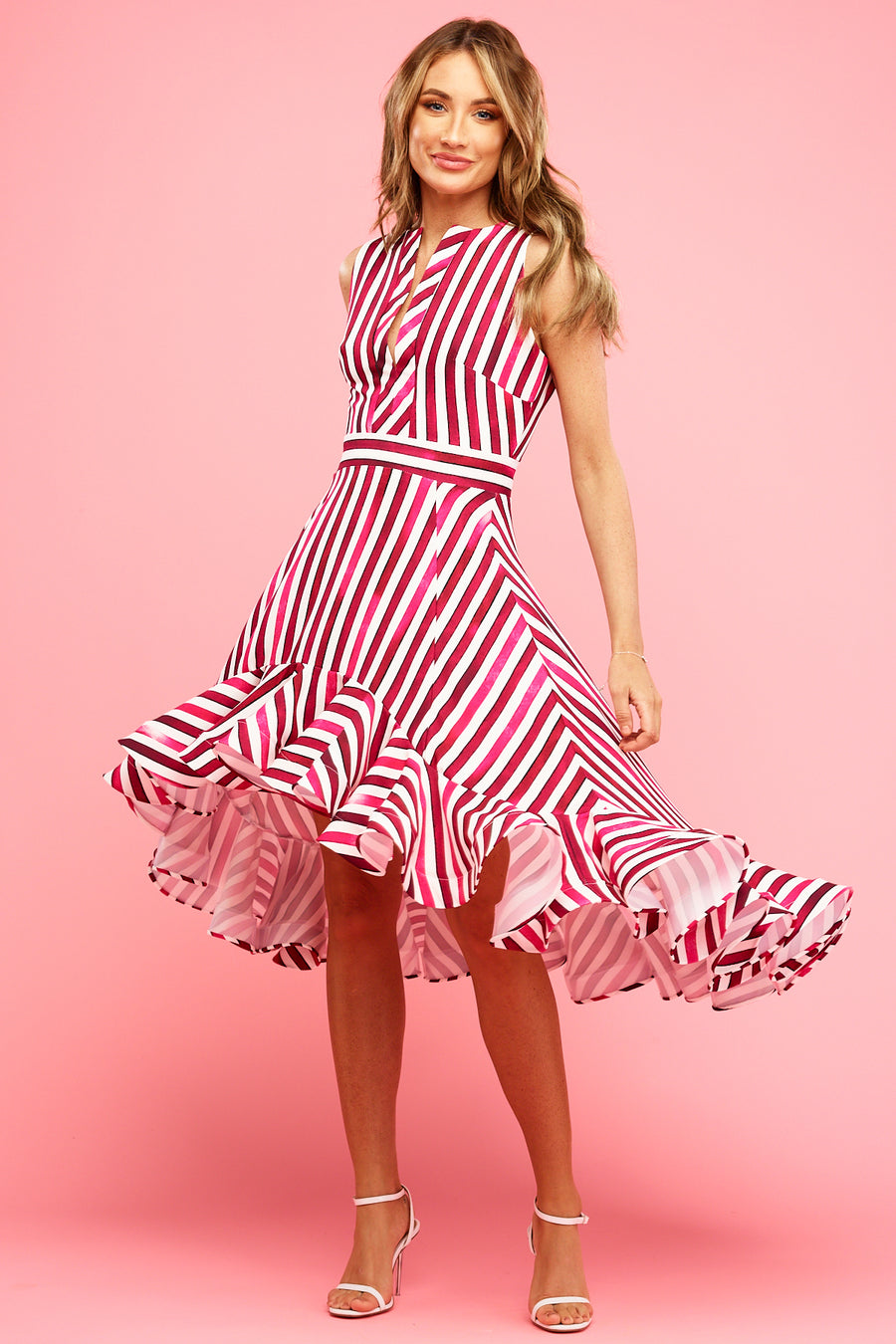 Lainey Frilly Mini Maxi Dress Raspberry Stripe