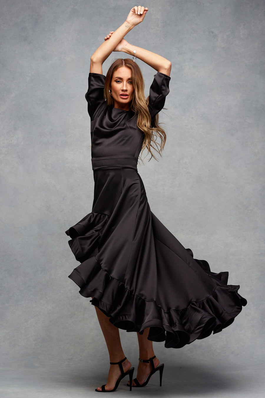 Cassandra Mini Maxi Dress Black Satin Size 12
