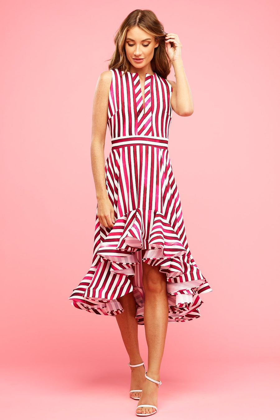 Lainey Frilly Mini Maxi Dress Raspberry Stripe size 14