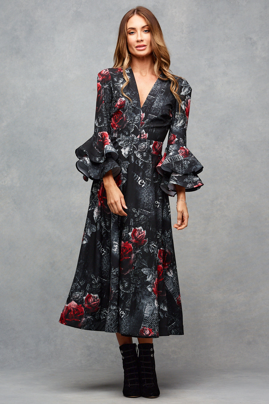 Charleigh Midi Dress Midnight Rose Print