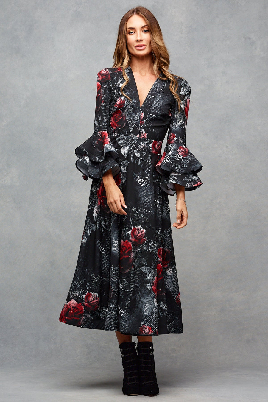 Charleigh Midi Dress Midnight Rose Print Size 8